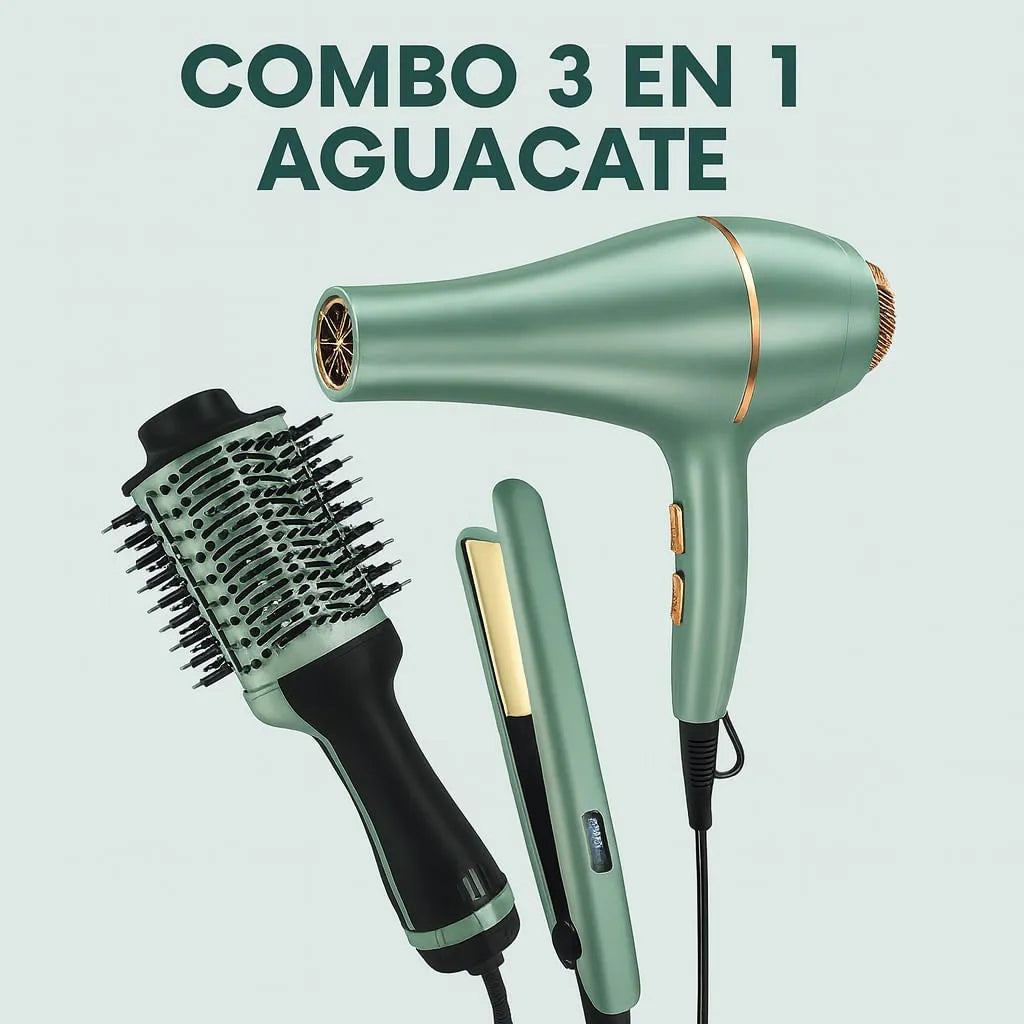 COMBO 3 EN 1 AGUACATE - SECADOR + CEPILLO + PLANCHA DE CABELLO
